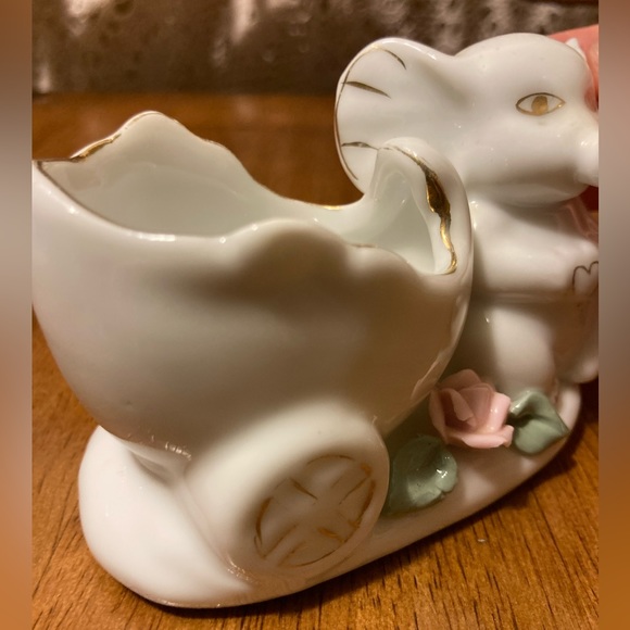 Elephant and Cart Trinket Dish Figure - Floral Detail, Gold Accents - Picture 7 of 14